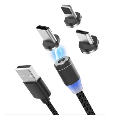 3 in 1 Magnetic Charging Cable Adapter Nylon Braid Fast Charger USB Cable for Type C iPhone Micro